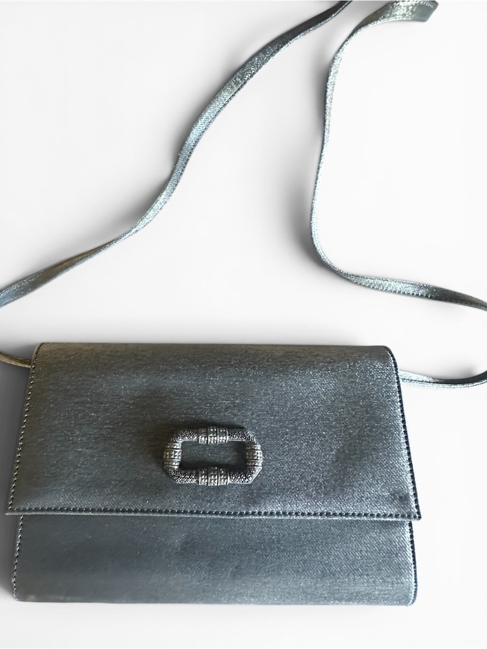 Judith Jack Metallic Silver Crossbody Bag with Decorative Strap and Buckle